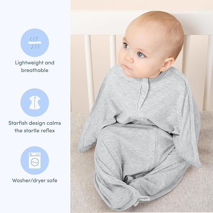 SleepingBaby Zipadee-Zip Transition Swaddle - Cozy Baby Swaddling Blanket with Zipper Convenience - Roomy Wearable Blanket for Easy Diaper Changes - 4-8 Month - Recharge Silver Heather