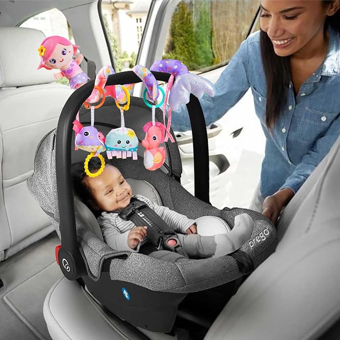 Baby Car Seat Toys, Car Seat Toy for Babies Infants 0-6 Months Activity Spiral Mermaid Hanging Stroller Toys Gift for Baby Girls 0 3 6 12 Months Newborns Sensory Toys with Rattles Squeaker Music- Pink