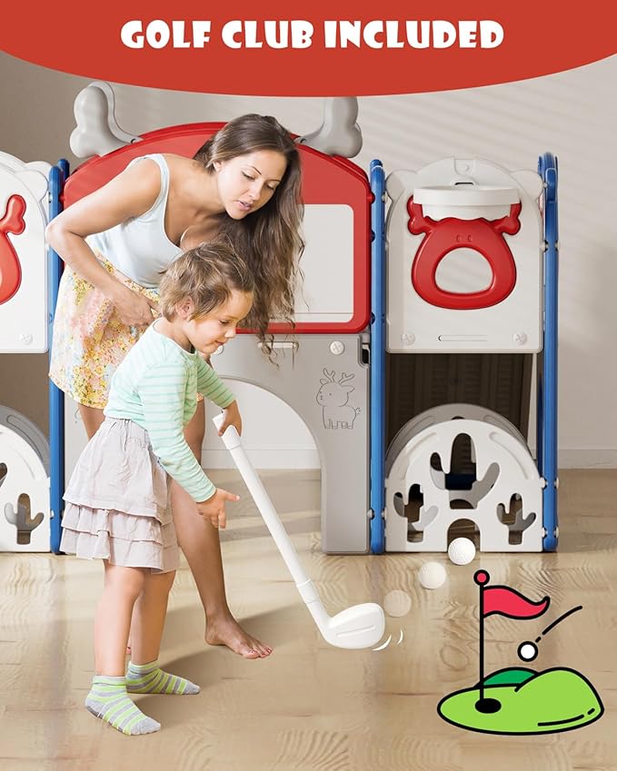 XJD 13 in 1 Toddler Slide Set, Kids Slide for Toddlers Age 1+, New Upgrade with Golf Set, Basketball Hoop, Drawing Board for Indoor Outdoor Playset,Toddler Playground (Blue Red)