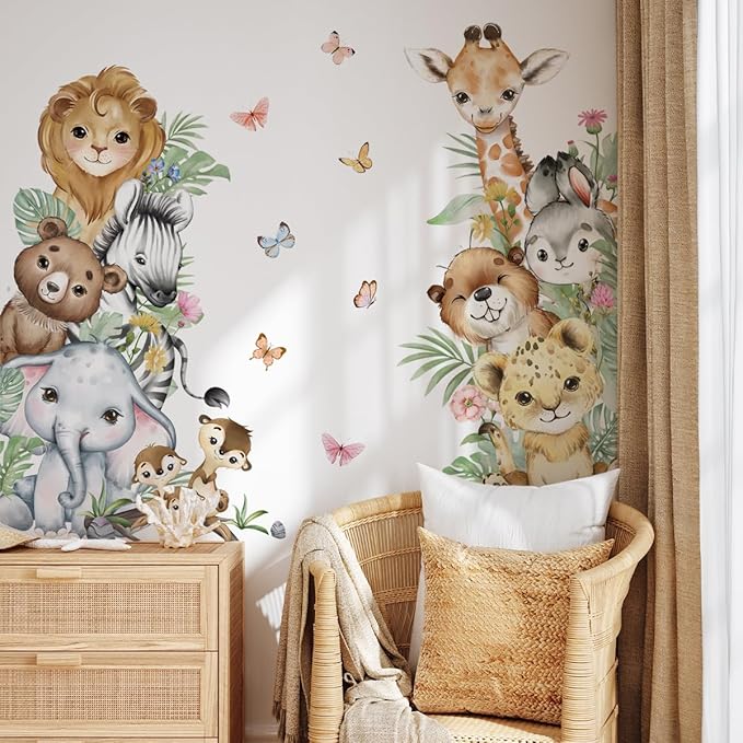 Watercolor Jungle Animal Wall Decals - Tiger, Elephant, Giraffe, Zebra, Lion - Removable Stickers for Baby's Nursery, Playroom, Bedroom, Classroom, Kindergarten Decor