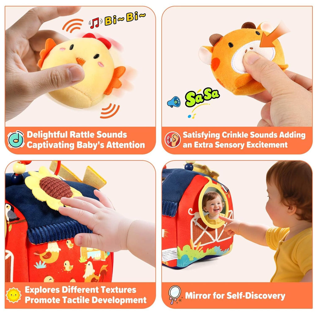 Baby Toys 6-12 Months - Soft Barn Toy with Stuffed Farm Animals, Rattle, Crinkle Paper, Squeaker, Mirror - Sensory Toys for 6+ Month Developmental, Montessori Toys for 1 Year Old Boy Girl Gift