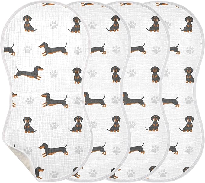 4 Pack Muslin Burp Cloths Dachshund Dogs White Cotton Baby Burp Cloths Extra Absorbent and Soft Spit Up Rags for Baby Boys Girls 22x11 Inch
