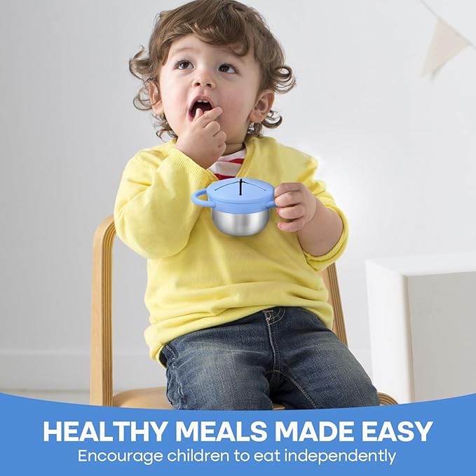 2-Pack Stainless Steel Snack Cup for Toddlers Spill-Proof, Baby Food Containers with Removable Silicone Lids & Handles | Dishwasher Safe, BPA-Free On-the-Go Kids Snack Containers Box