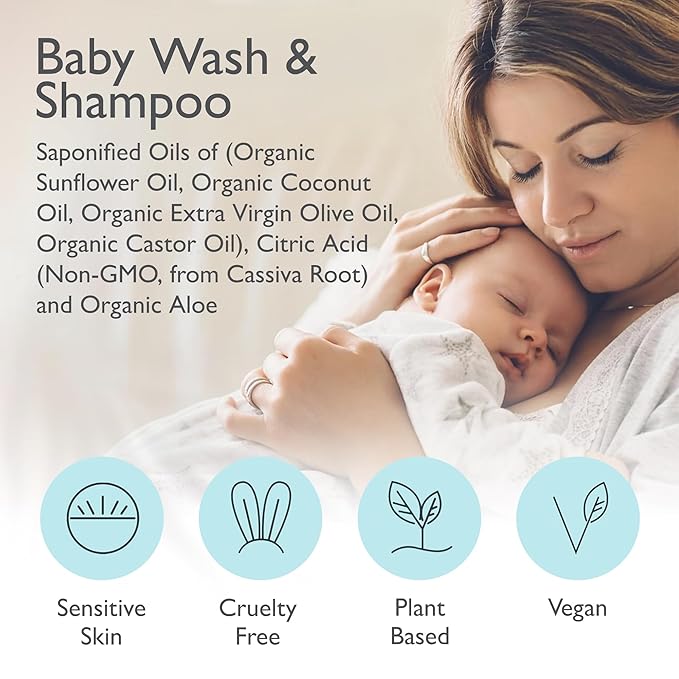 SoCal Suds & Company Baby Shampoo & Body Wash, 2-in-1 Organic Gel - Gentle Castile Soap with Vitamin-Infused Oils & Botanicals - Natural Care for Sensitive Skin Hypoallergenic -12oz Fragrance Free 2Pk