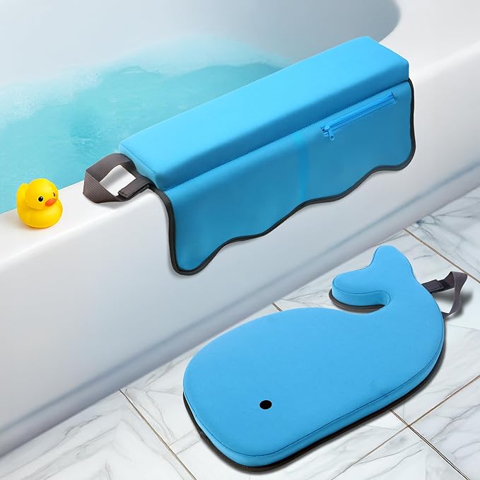 Whale Baby Bath Kneeler and Elbow Rest Set – Extra Thick Padded Cushion – Waterproof Non-Slip Mat with Storage Pockets – Bathtime Safety – Baby Shower or Registry Gift for Moms and Dads (Blue)