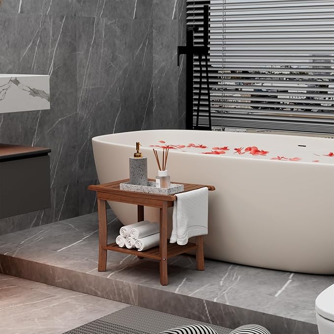 Teak Shower Bench with Shelf & Handle, 20 Inch Shower Stool for Standard Tubs & Showers, Non-Slip Waterproof Seat, Spa & Bathroom Storage Stool