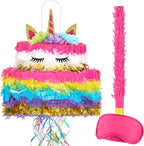 WERNNSAI Unicorn Cake Piñata Foldable - Unicorn Party Decorations Pink Girl Birthday Party Games Princess Pinata with Blindfold Bat and Tassels Happy Birthday Supplies for Kids Girls Classroom Game