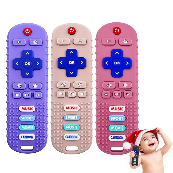 3 Pack Baby Teething Toys&Remote Control Toy, Baby Chew Toys for Teething Relief, Food Grade Silicone Teethers for Babies 3-24 Months, Ideal Boy Girl Birthday Christmas Gift(Pink&Khaki&Purple)