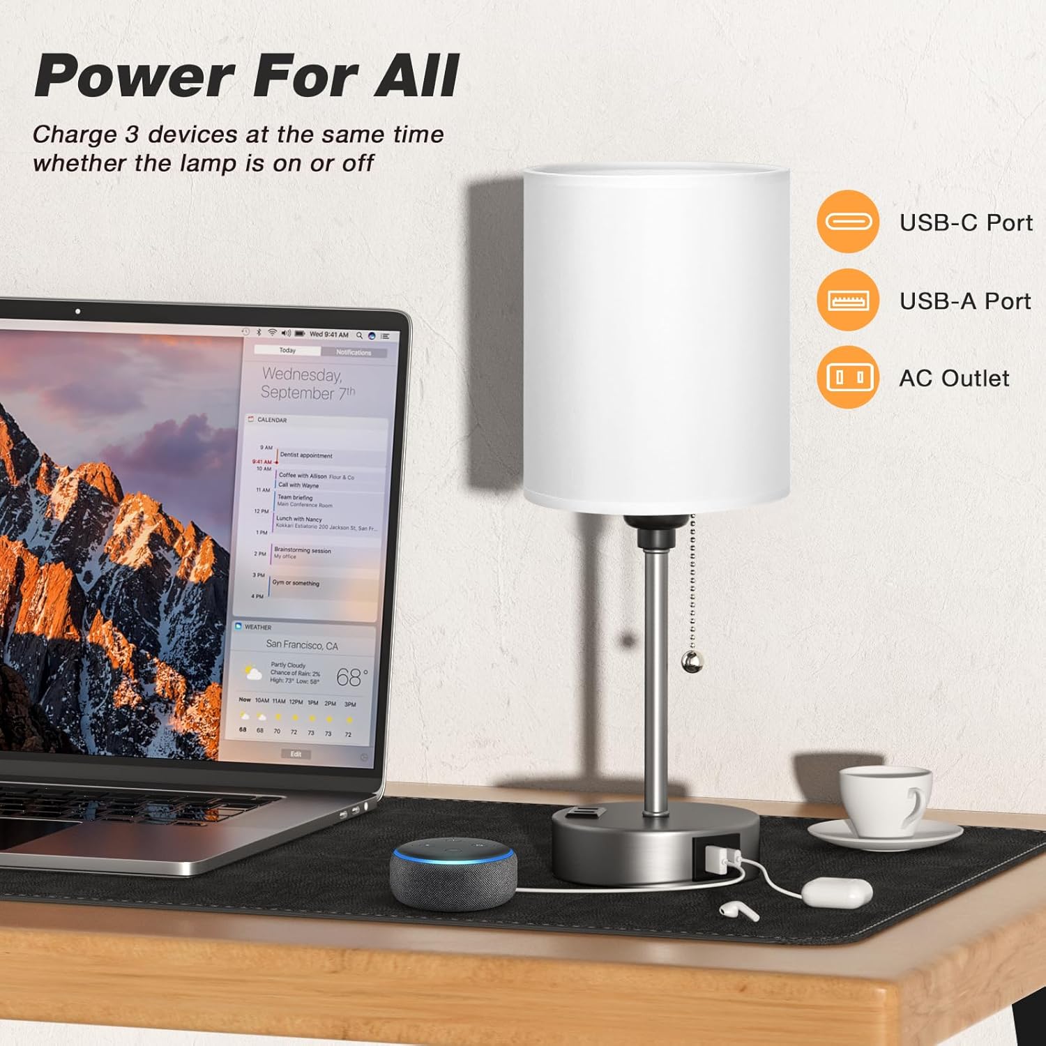 Dicoool White Bedside Lamp for Bedroom - 3 Color Temperatures Desk Lamp with USB C and A Ports, Pull Chain Table Lamp with AC Outlet, Nightstand Lamp with Silver Metal Base for Kids Girls