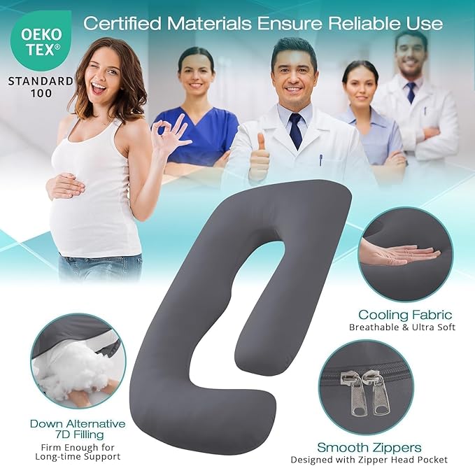 Sasttie Pregnancy Pillows for Sleeping, Jumbo U Shaped Cooling Full Body Pillow with Removable Cover, Pregnant Women Must Haves, Maternity Essential, Dark Grey