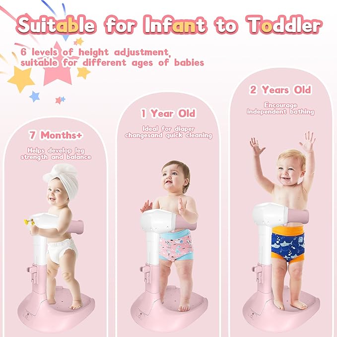 Baby Shower Stand, No-Assembly Baby Bath Stand with Enlarged Anti-Slip Base, Foldable Adjustable Toddler Shower Standing Support, Soporte para Bañera de Bebe, Ideal Gift for Infant 6–36 Months (Pink)