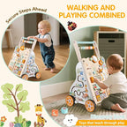 Wooden Baby Walker with Wheels, Push Walker with Baby Activity Center, Montessori Walking Toy for 1 Year Old Girls Boys, Ajustable Speed & Height Activity Toy for Toddler Learning to Walk 12+ Months