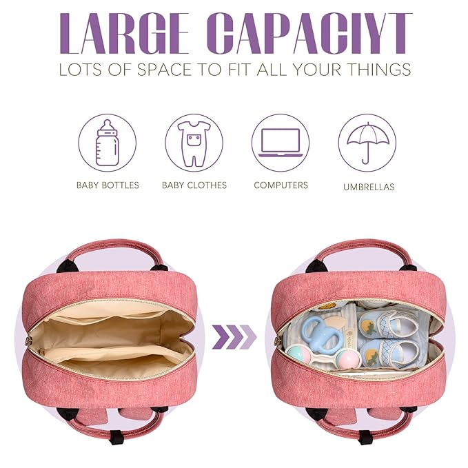Tuwubi Diaper Bag Backpack, Baby Essentials Travel Tote Bag, Multi function Waterproof Backpacks, Travel Essentials with Stroller Straps & Pacifier Case - Pink