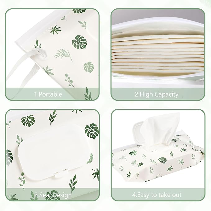 FEBSNOW 2 Pack Baby Wipes Dispenser Holder, Portable Refillable Baby Wet Wipes Pouch Container Reusable Travel Case for Outdoor Hiking, Green Leaves