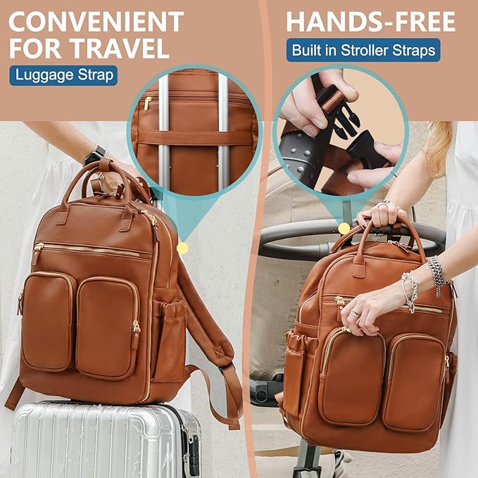 MOMINSIDE Diaper Bag Backpack, Leather Baby Bag with 18 Pockets, Diaper Backpack for Women Mom, Travel Baby Bag for Girl Boy, Large Wet Pocket, 4 Insulated Pockets, Stroller Straps, Brown
