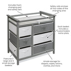 Badger Basket Modern Baby Changing Table - Diaper Station Organizer with 6 Storage Drawers, Reversible Baskets, Safety Rails - Baby Nursery Furniture with Changing Pad and Belt - Gray
