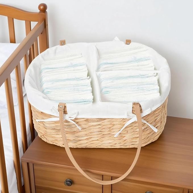 Handwoven Wicker Diaper Caddy Organizer, Multi - functional Baby Diaper Bag for Nursery & Home Storage, Detachable Lining, PU Handles, Baby Registry Must Haves (Water hyacinth)
