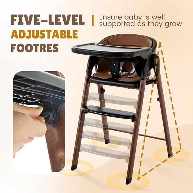 Adjustable High Chair with Removable Tray, Easy to Clean, Portable. 6 Months up to 240 Lb (Black Brown)
