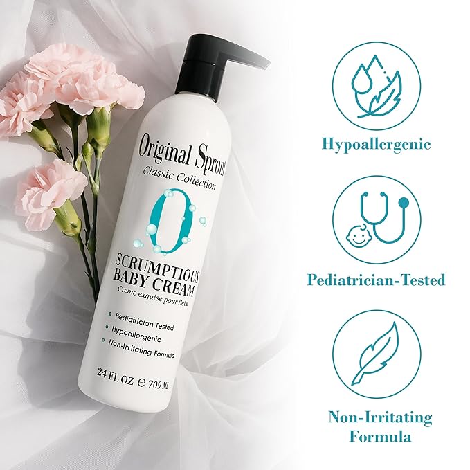 Original Sprout Scrumptious Baby Cream, Gentle Moisturizing Cream for Dry, Sensitive Skin & Diaper Rash, Non-Greasy Baby Lotion with Zinc Oxide & Calendula for Face & Body, 24 fl oz