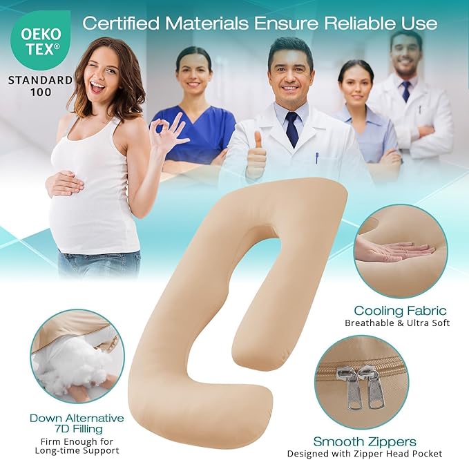 Sasttie Pregnancy Pillows for Sleeping, U Shaped Cooling Full Body Pillow with Removable Cover, Pregnant Women Must Haves, Maternity Essential, Beige