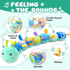 Baby Toys 0 to 12 Months, Musical Stuffed Animal Activity Soft Toy with Multi-Sensory Crinkle, Rattle and Textures, Infant Tummy Time Toys for Newborn Boys Girls, Caterpillar, Blue