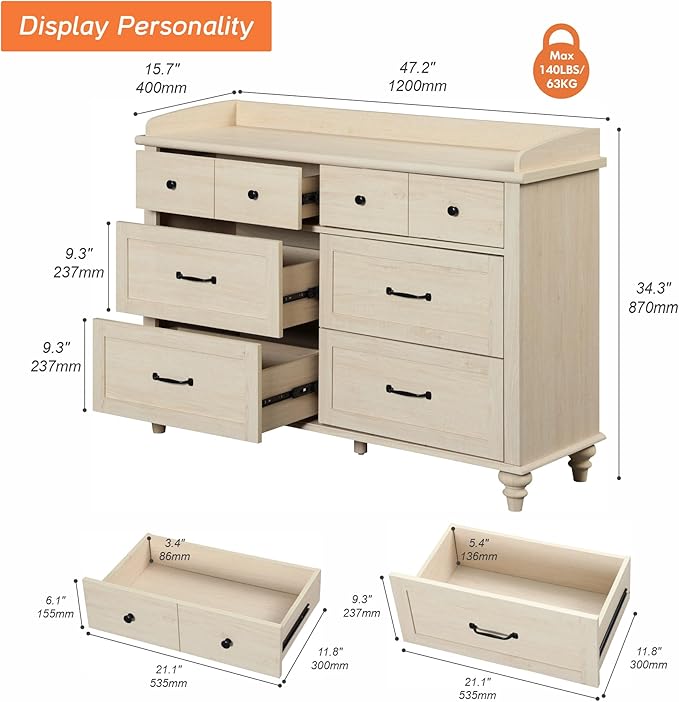 WAMPAT Beige Dresser for Bedroom with 6 Drawers, Farmhouse Kids Dressers with Wide Chest of Drawers, Light Wood Closet Storage Organizer, Baby Dresser for Living Room, Nursery