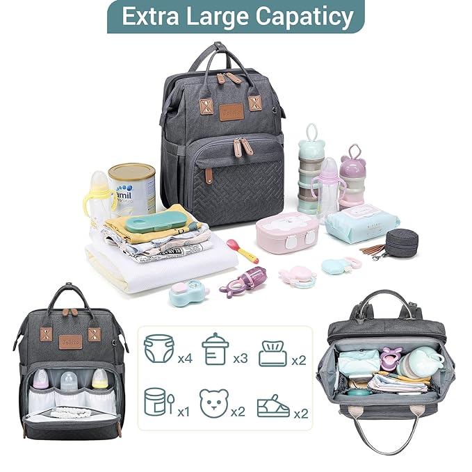JOLLITO Diaper Bag Backpack with Changing Station Large Capacity Multifunction Baby Bags for Boy Girl Travel For Moms Dads Baby Registry Search Essentials Shower Gifτs Gray