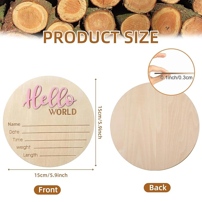 Baby Announcement Sign - 5.9 Inch Wooden Hello World Newborn Sign, Birth Announcement, Baby Shower Hospital Nursery for Newborn Boys and Girls (Pink)