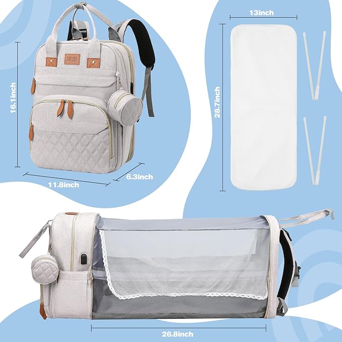 Diaper Bag Backpack, Large Diaper Bag with Changing Station, New Mom Gifts, Lightweight Waterproof Unisex Diaper Bag with Insulated Pockets and USB Charging Port, Beige