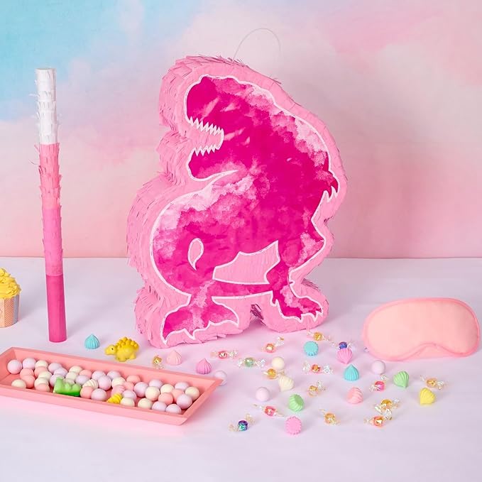 WERNNSAI Dinosaur Piñata - Watercolor Pink Dinosaur Piñata Birthday Piñata with Stick and Blindfold for Kids Birthday Party Game Classroom Activities Rose Dinosaur Themed Party Decors(16.1’’ x 12.4’’)