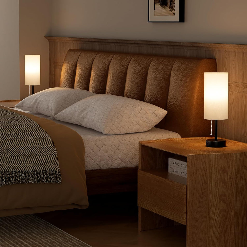 White Bedside Lamps for Bedroom Set of 2 - Nightstand Table Lamp with USB A + C Charging Port, 3 Color Temperatures Pull Chain Night Stand Light, Side Table Desk Reading Lamp for Living Room/Dorm