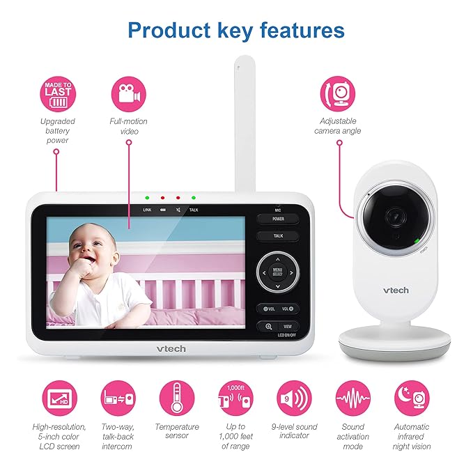 VTech VM350 Baby Monitor, 5" Screen, 1000ft Long Range, Night Vision, 2-Way Talk, Lullabies, Secured Transmission No WiFi