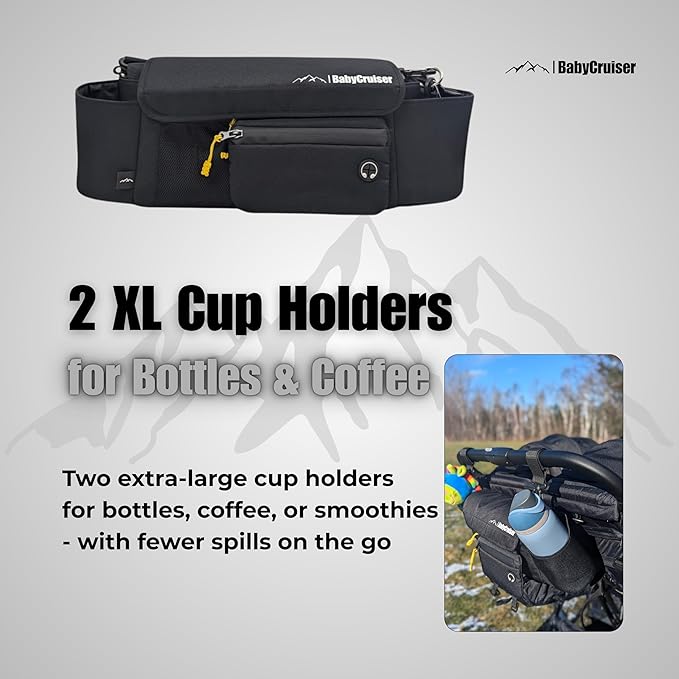 Stroller Caddy Double Stroller Organizer with Cup Holder Phone Pocket Changing Mat Straps Mounted 2 x Stroller Water Bottle Holder