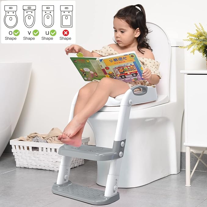 SKYROKU Toilet Potty Training Seat with Step Stool Ladder, Toddler Potty Seat for Kids and Toddler Boys Girls, Splash Guard and Safety Handles(Grey)