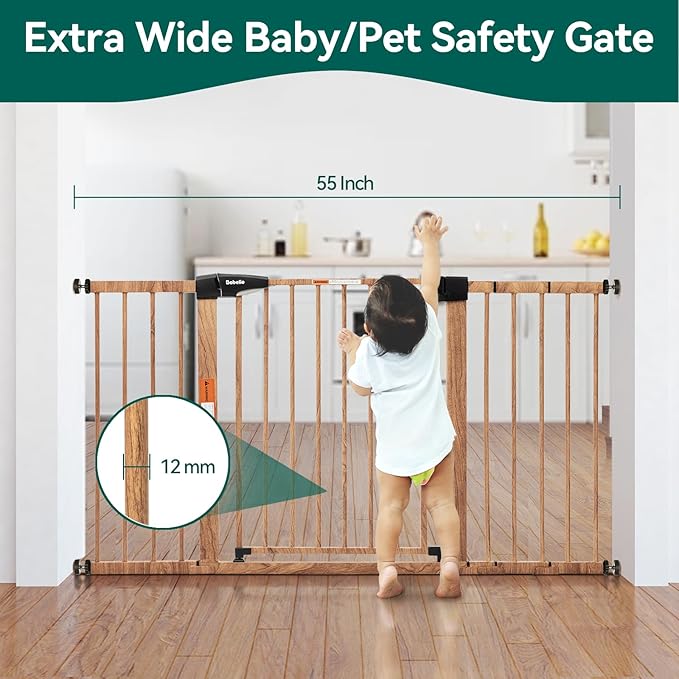 Babelio Metal Auto Close Baby Gate PressGuard P7,Extra Wide Pet Gate for The House and Doorways, Pressure Mounted Walk Thru Child Gate with Door (Brown Wood Pattern, 30" Tall 29"-55" Wide)
