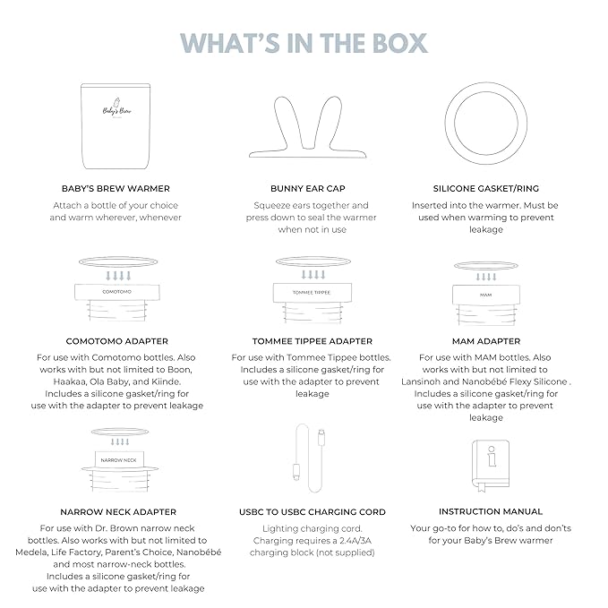 The Baby’s Brew 3.0 Portable Bottle Warmer Adapter Set, Breastmilk, Formula & Water Warmer, Smart Sensor Technology, Leak-Proof, Travel-Friendly, BPA-Free, | Single Warmer with 4 Adapters