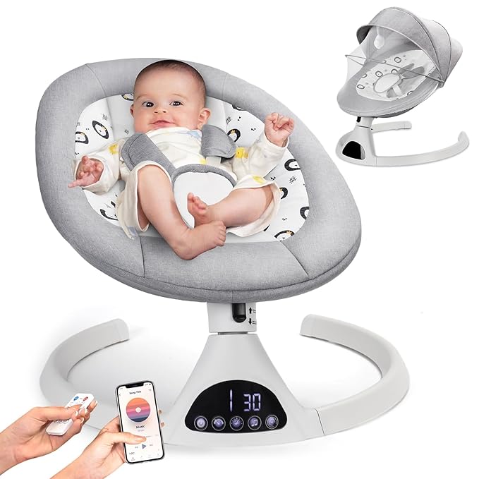 Electric Baby Swings for Infants to Toddler Baby Swing with 5-Speed 5-Point Carabiner,with Bluetooth Music 10-Preset Melodies Gray