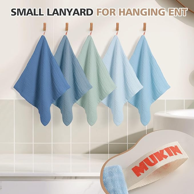 MUKIN Baby Washcloths,Muslin Burp Cloths Towels for Newborns,Absorbent Cotton Bath Face Towel ，5 Pack, 12x12 Inches (Glacier Mist)