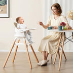 BABY JOY High Chair, 6 in 1 Convertible Wooden Highchair for Babies & Toddlers with Adjustable Legs, Double Removable Tray, Safety Harness & Waterproof PU Cushion (Beige)