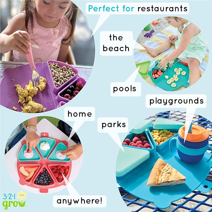 Silicone On-The-Go Snack Mat – Foldable Reusable Placemat with 3 Compartments and Lids – Travel-Friendly Baby and Toddler Snack Plate – Dishwasher Safe (Ocean)