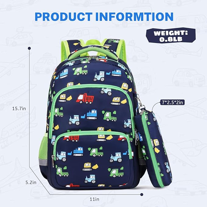 mygreen 3PCS Kids Backpack Set - Waterproof Bookbag with Lunch Box for Boys Ages 3-12, Adorable Cartoon Prints for School & Outdoor Use Dark Blue Rocket