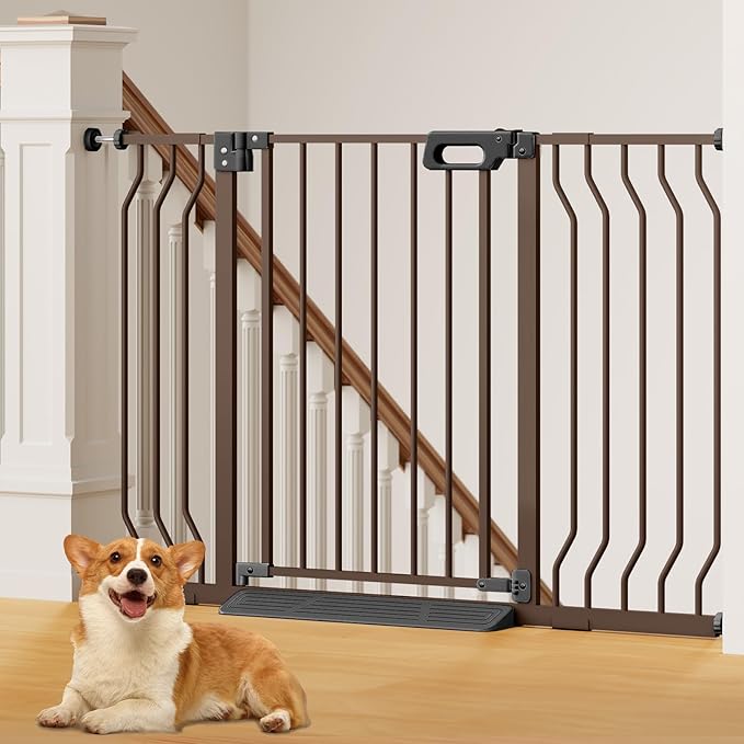 Mom's Choice-GROWNSY Baby Gate for Stairs, 30.5"-48.4" Pressure Mounted Baby Gate for Top of Stair&Doorway with V-Shaped Rods, Anti-Trip Pedal,Wide Stairs Dog Gate Easy Install w/Red Reminder,Brown