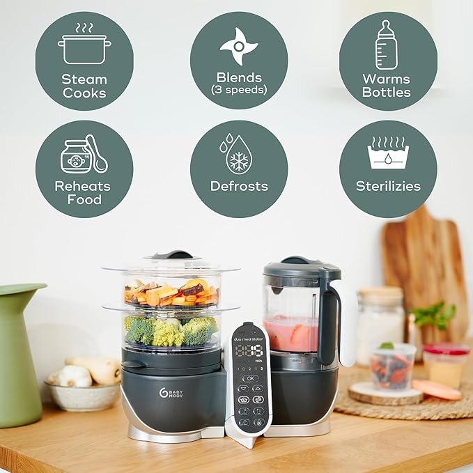Babymoov Duo Meal Station Grey: Multi-Speed Baby Food Maker Steamer and Puree Blender, Baby Food Processor that warms & defrosts (Nutritionist Approved)