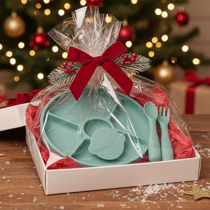 TalkTools Bitsy Silicone Baby Suction Plate with Locking Lid – Divided Plate for Toddlers Learning to Self-Feed – Non-Slip, BPA-Free, Microwave + Dishwasher Safe Baby Mealtime Plate (Sage)