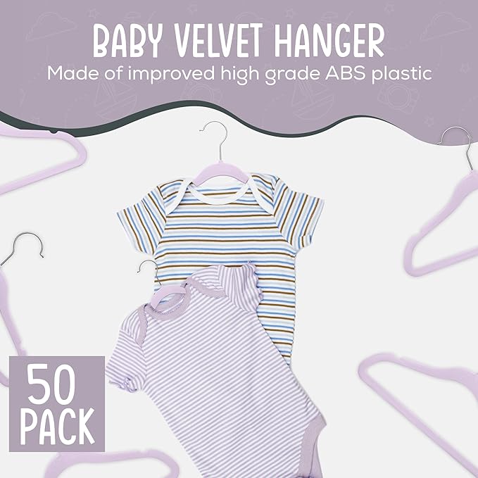 50 Premium Velvet Baby Hangers 11.8" Inch Non-Slip Infant, Ultra Slim Space-Saving Children Closet Hangers, 360° Swivel Hook, Strong & Durable Baby Toddler Kids Clothes Hanger, Purple