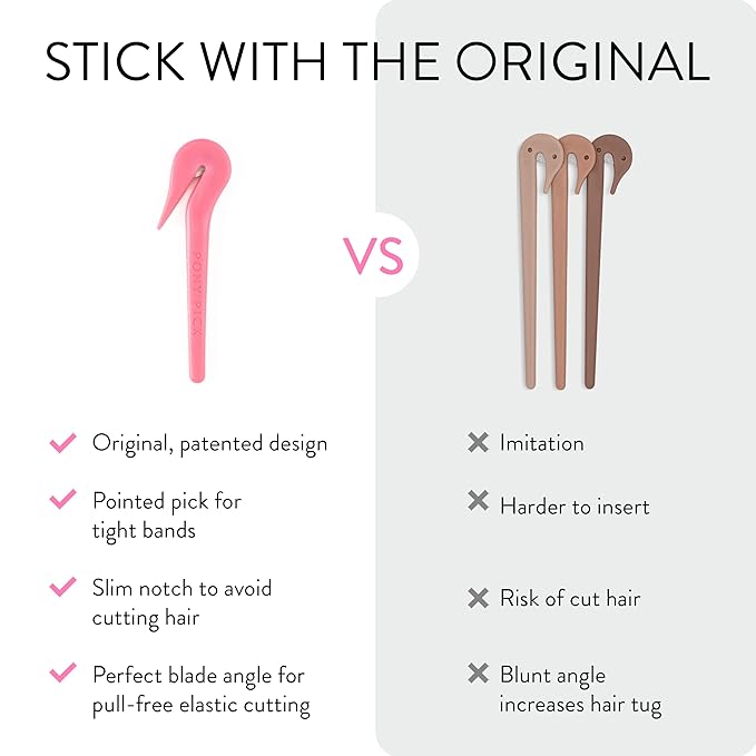 THE PONY PICK Rubber Bands Cutter for Hair Removal - Pain-Free Hair Band Remover - Easy 3 Pack with 50 Colored Elastics