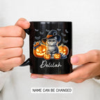 Customized Halloween British Longhair Mug with Name, Personalized British Longhair with Pumpkins Coffee Cup, Witch Cat Ceramic Mug, Pet Halloween Black Cup 11oz 15oz, Gift for Cat Dad Mom