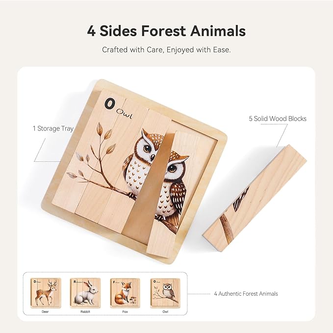 IEATFO 4 in 1 Wooden Animal Chunky Puzzle, 5 Solid Wood Puzzle Blocks with 4 Sides Realistic Forest Animals, Wooden Block Puzzle with Durable Base for Toddlers 3+ Years - Montessori Inspired