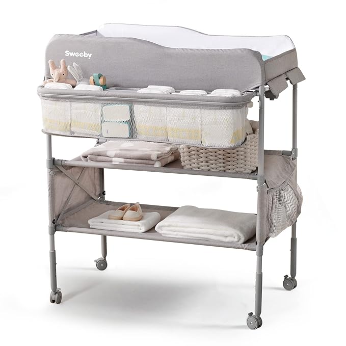 Sweeby Portable Baby Changing Table, Foldable Diaper Changing Station with Waterproof Pad, Mobile Nursery Organizer for Infant & Newborn Essentials, Grey