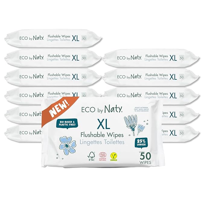Naty Flushable XL Baby Wipes - Unscented, 100% Plant-Based, Plastic-Free, Fragrance-Free, Hypoallergenic for sensitive skin and Dermatologically Tested (XL - 600 Count - 12 Packs of 50)
